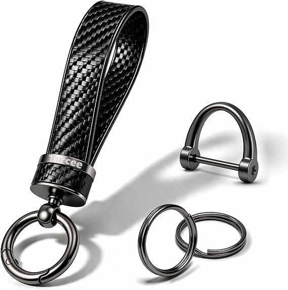 Turcee Leather Car Keychain - Carbon Fiber Interior Key Fob with Anti-Lost D-Ring - Car Accessory Key Ring (Black)