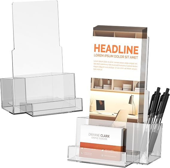 KINGTOP Brochure Holder Display Stand 2-Pack with Pen & Business Card Slots Clear Acrylic Pamphlet Holder for Office Trade Show & Retail Counters 4x7 inch Rack Card Organizer