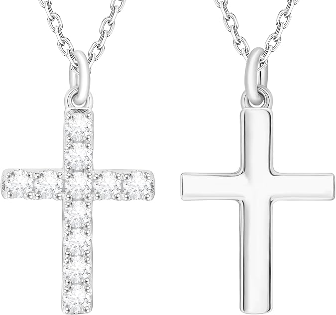 HMJ Cross Necklace for Women 925 Sterling Silver, Cubic Zirconia Cross Pendant Choker Necklace Double Sided Wear, Crucifix Charm Chain Dainty Jewelry Gift for Mom Wife