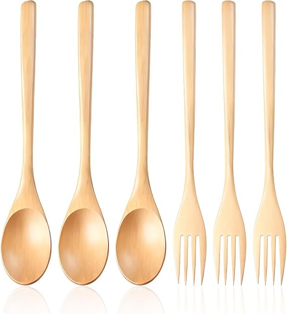 6Pcs Natural Color Wooden Spoons For Eating,Reusable Camping Eating Utensil