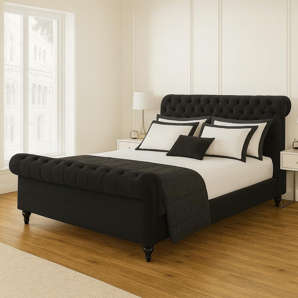 Bed Croft Chesterfield Sleigh Bed - Upholstered in Plush Velvet Fabric - MattressGas Lift Option - Uk Made - DoubleKingSuper King Black Plush, Double 4ft6 Bed Frame