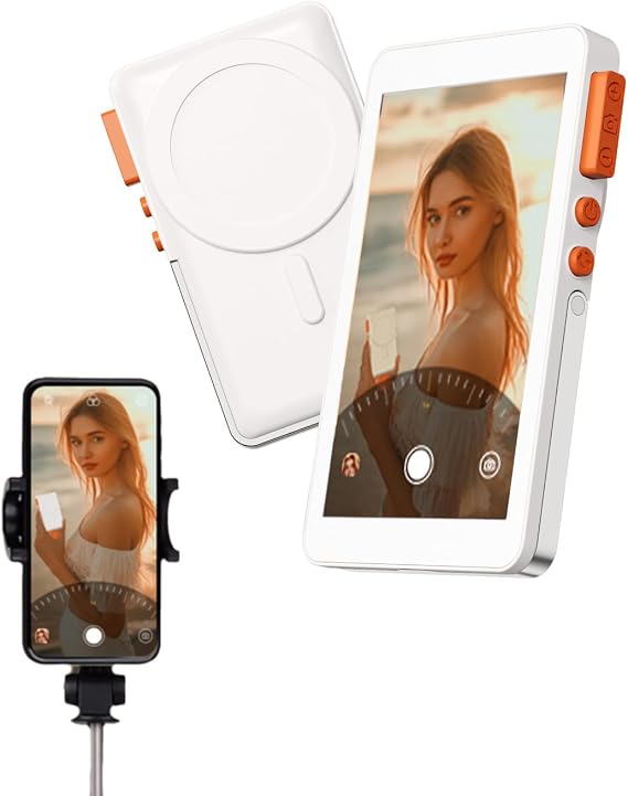 Back Camera Selfie Monitor - HD Wireless Magnetic Selfie Screen with Audio Sync, Focus Adjustment, Selfie Button & Aluminum Stand for iPhone/Android/TikTok/YouTube/Instagram Live Streaming - White