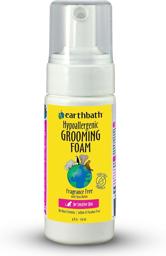earthbath All Natural Hypo-Allergenic Cat Grooming Foam, Cruelty Free, 4 Oz | Fragrance Free Cat Shampoo for Allergies and Itching, No Water Needed, Rub On & Towel Off, Made in USA