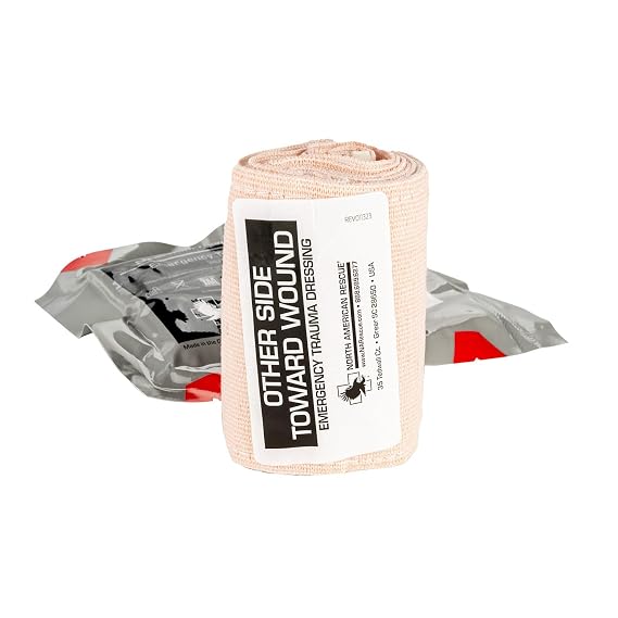 North American Rescue Mini Responder 4 in ETD Emergency Trauma Dressing (Flat) NAR 4" Sterile Pad Compression Wrap Bandage with Hook and Loop, C-Clip (30-0179)
