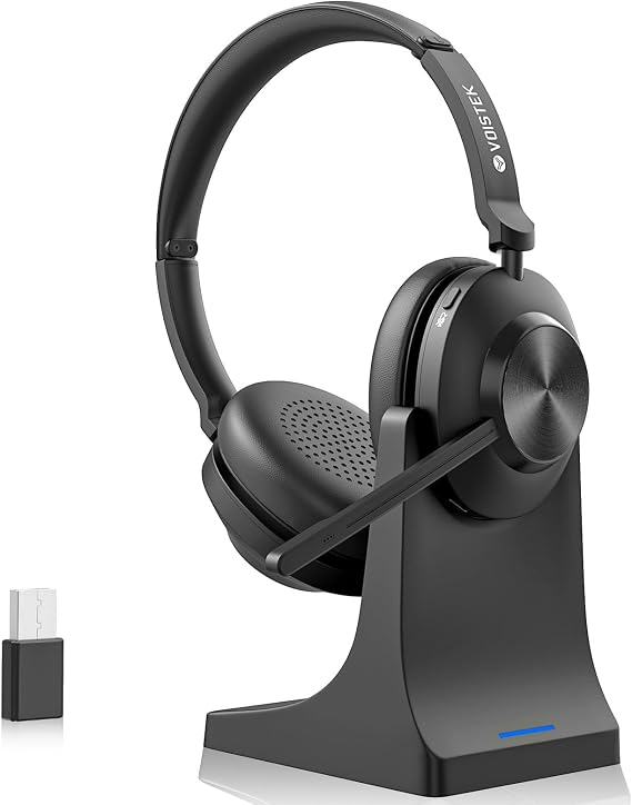 Wireless Headset with Mic for Work, Wireless Computer Headset (Bluetooth+USB Dongle) with Noise Cancelling Mic & Mute Button, Long Battery Life for Work, Zoom, Teams, Online Meetings, Home Office