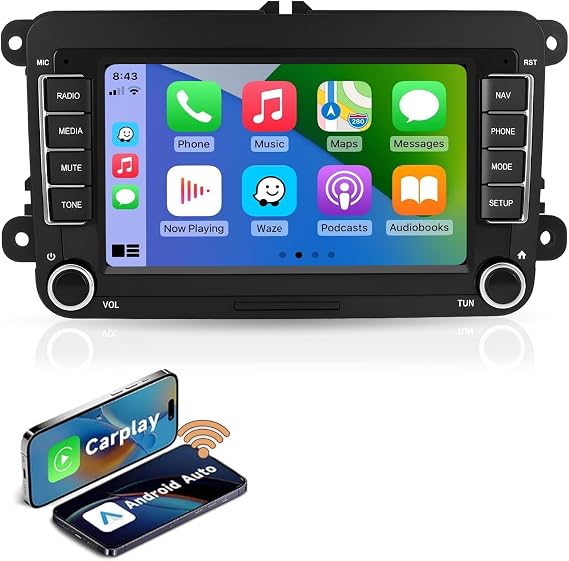 7 Inch Display Screen Car Stereo for Volkswagen Seat Golf Passat Jetta Beetle Tiguan Touran EOS Skoda Seat Double Din Touchscreen Bluetooth Radio with Wireless CarPlay Android Auto GPS