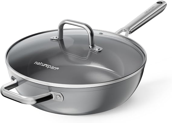 28cm Ceramic Deep Frying Pan, Diamond-Titanium Nonstick Pan with Lid, PFAS & PTFE & PFOA Free, Stainless Steel Handle, Dishwasher/Oven Safe, Grey