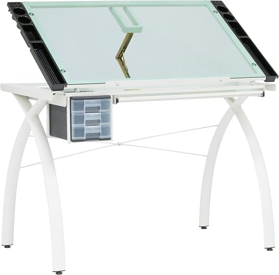 SD Studio Designs Futura Craft & Drawing Table with Adjustable Tempered Safety Glass Top Modern Art Desk with Storage Drawers, Pencil Ledge, Matte Ivory/Sea Green Glass