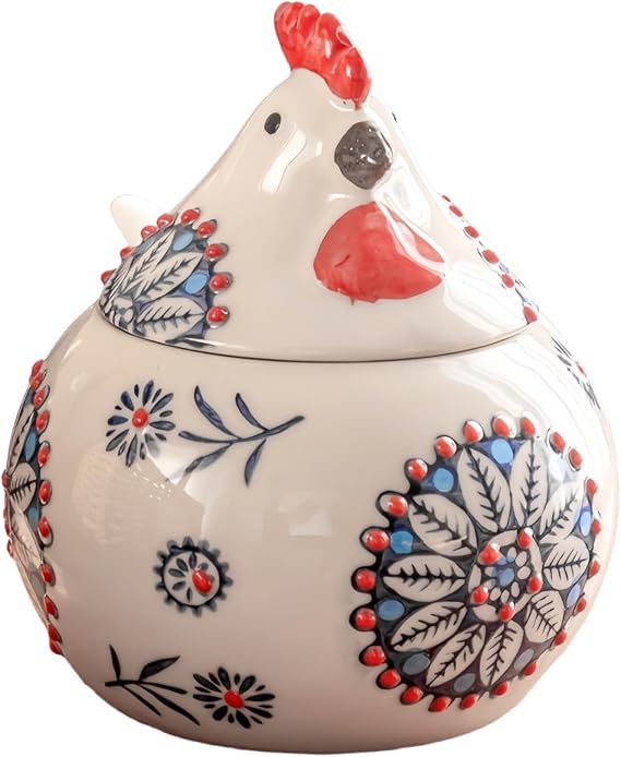 Ceramic Chicken Salt Cellar with Lid and Spoon, 13 OZ Chicken Decor, Blue