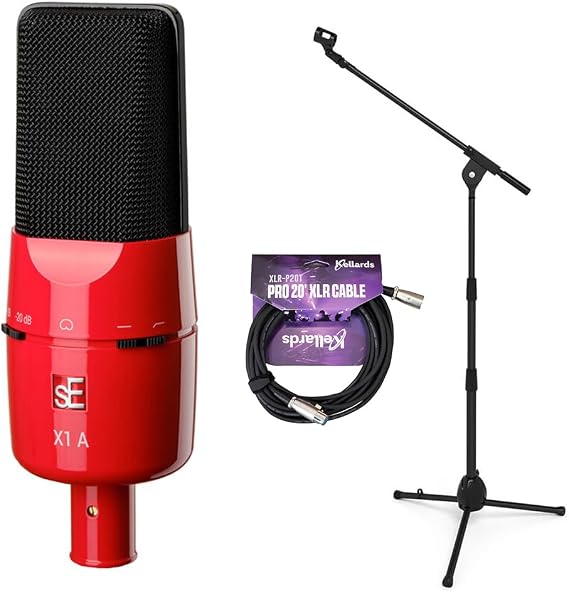 SE ELECTRONICS X1 Series Cardioid Condenser Microphone/Clip/Red/Black Grille-Limited Anniversary Edition Bundle with Kellards XLR-P20T Pro 20' XLR Microphone Cable and Microphone Stand with Boom