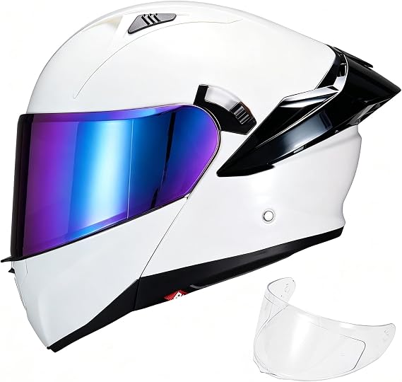 Modular Motorcycle Helmet Dual Visor Flip Up Full Face Helmets SJ-809 DOT Approved for Adults Men Women (Gloss White-Rainbow Visor, S)