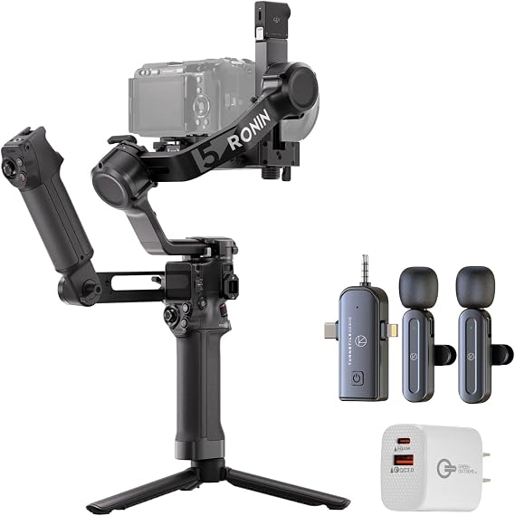 DJI RS 5 Combo 3-Axis Handheld Camera Gimbal Stabilizer for Mirrorless Cameras with Quick-Release Plate, Grip Tripod, Extended Battery Runtime, Wireless Microphone Set & USB Wall Plug