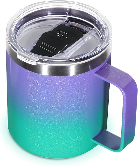 Volhoply 14oz Insulated Stainless Steel Coffee Mug with Leakproof Lid,Double Wall Vacuum Travel Coffee Cup with Handle,Reusable Metal Tumbler,Camping Mugs Keep Hot,Christmas Gifts(Purple Green,1)