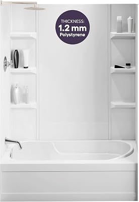 Noah William Home White Acrylic Shower Wall Surround D36 x W60 x H80 - Waterproof, Easy-to-Install, Includes Two Shelf Units - Shower Wall Surround Panels, Stacked Tiles Pattern, Classic Shelves