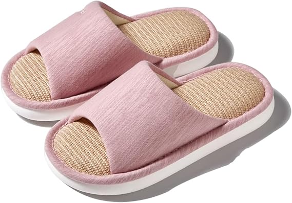 Summer House Slippers for Women Indoor Open Toe Women House Slippers Cotton and Linen Shoes Breathable Home(Pink,US 5.5-6)