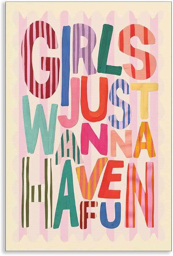 Girls Just Wanna Have Fun Canvas Wall Art, Hot Pink Positive Affirmations Poster, Minimalist Colorful Quote Print for Girls Bedroom Dorm, Preppy Girly Nursery Playroom Decor 12x16in Unframed