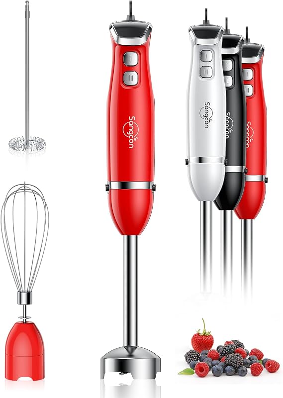 Sangcon Immersion Blender Handheld, 3-in-1 Hand Blender Electric, 400W Handheld Licuadora de mano, Stainless Steel Blade Stick Mixer with Whisk, Milk Frother Attachments Red