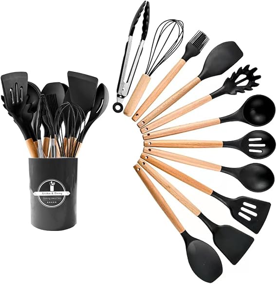 Kitchen Utensil Set, 12 PCS Silicone Cooking Utensils Set with Wooden Handle, Heat Resistant, Nonstick Cookware Tongs Spatula Spoon Set, Dishwasher Safe, Best Kitchen Tools (Black)