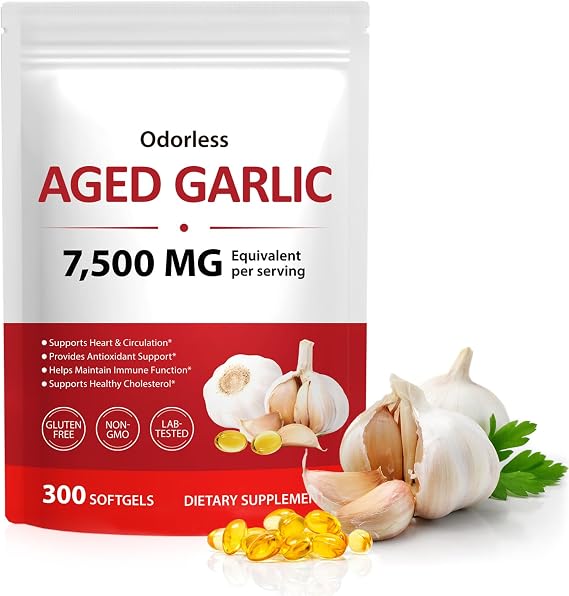 Odorless Aged Garlic Extract 7500mg | 300 Softgels | High Strength Garlic Supplement for Immune Support, Heart Health & Antioxidant | Non-GMO, Gluten Free
