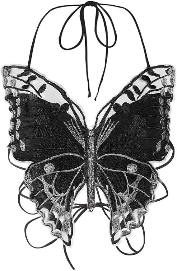 Women Butterfly Halter Top Sexy Lace Up Camisole Backless Crop Top Gothic Punk Cami Rave Outfits