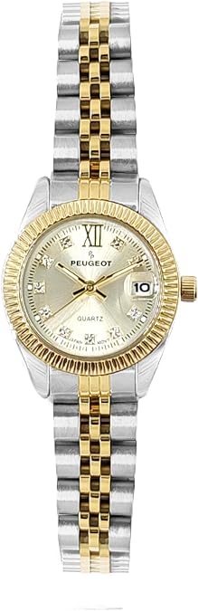 Peugeot Women's Luxury Fluted Bezel Date Watch Steel Bracelet Roman Dial