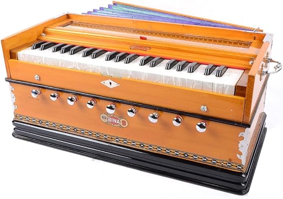 Harmonium BINA no. 9 Indian Harmonium, 2024 Edition,3 1/2 octaves, 9 stops, 4 extra notes, multifold bellows, BINA special reed,Checked & Retuned by Aakrati Musicals Safri, Natural Color, Kirtan,