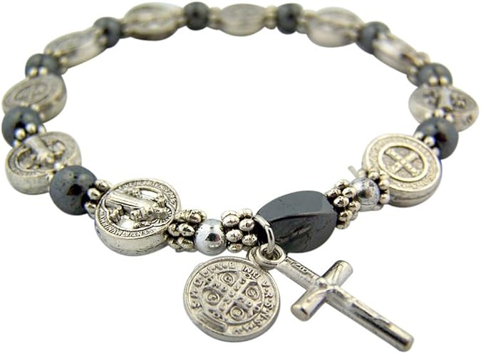 CB Silver Tone Saint Benedict Medal Hematite Bead Rosary Bracelet, 7 1/2 Inches | Adult stretch rosary bracelet with hematite beads and a silver-tone Saint Benedict medal for daily devotional wear.