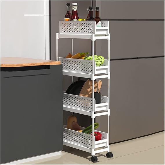 Compact Storage Shelf Unit with Wheels,Gap Slim Storage Cart,Mobile Shelving Unit Organizer,Slide Out Storage Pantry Trolley,Rolling Utility Cart Tower Rack for Narrow Places (Color : White, Size :