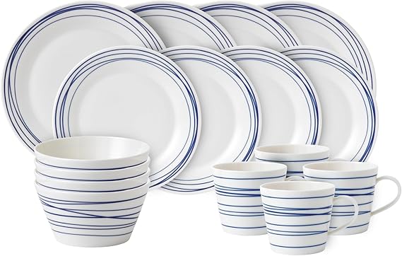 Royal Doulton Dinner Set, Stoneware, Designed to Mix & Match, 1815 Pacific Dinnerware Set, Blue Lines, 16 Piece Set