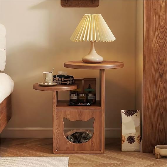 Round Coffee Table with Storage and Cat Bed, Multi-Functional Coffee Table for Living Room, Natural Wood Cat House and Cat Furniture, Indoor Cat Cave, Wooden Cat Tree and Dog House(Brown)