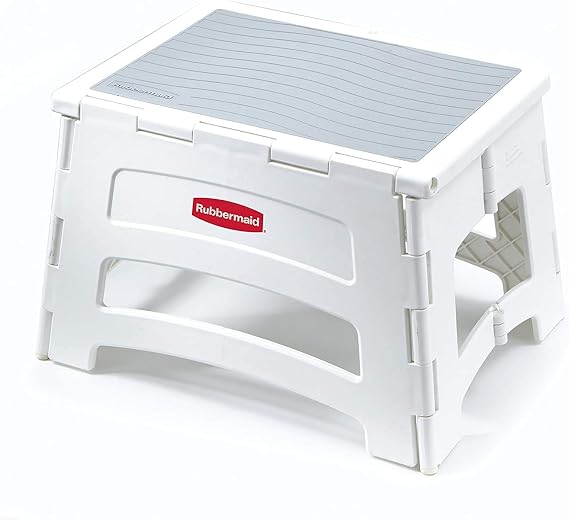 Rubbermaid Mini Folding Step Stool, Short, Foldable, Lightweight with Slip Resistant Treads and Non-Slip Feet, White