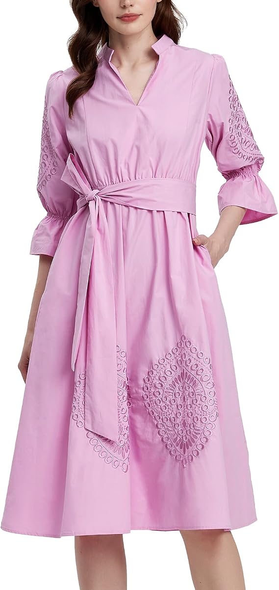 Kedera Womens Midi Summer Dresses Casual 3/4 Sleeve V Neck High Waisted Embroidered Cotton Flowy Dress 2025 with Pocket