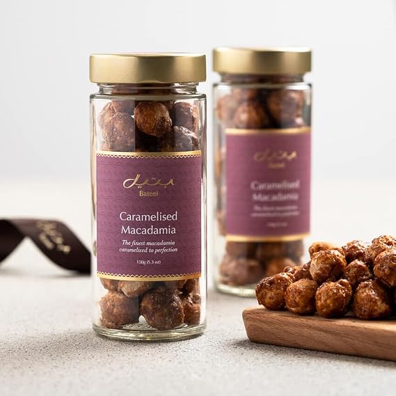 Bateel | Caramelised Macadamia|Glass Jar | 5.3 oz |Gourmet Snack Mix