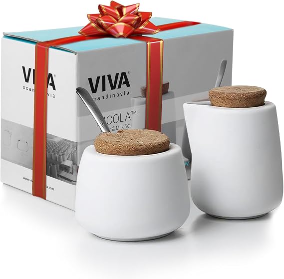 Viva Nicola White Porcelain Sugar and Creamer Set, 7oz Cork Lid