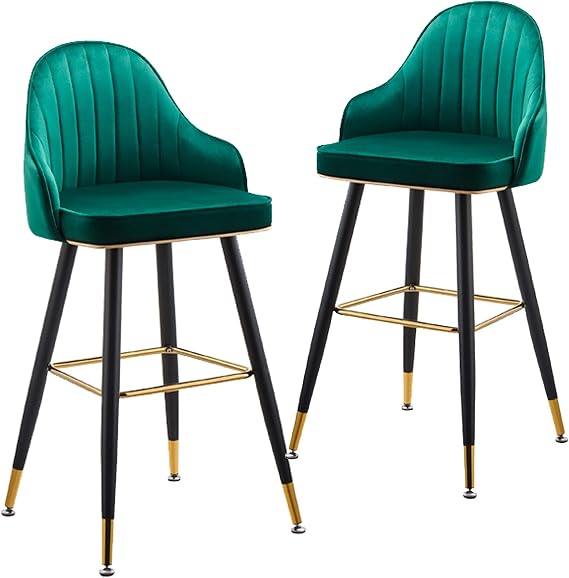 Bar Stools Set of 2, Counter Height Bar Stools with Back and Armrest, Velvet Bar Chairs Breakfast Stool Bar Stool Chair, Fabric Metal Counter Stools for Kitchen Counter - 350 lbs Capacity