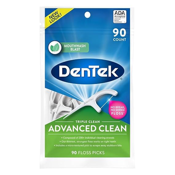 DenTek Triple Clean Floss Picks, Dental Flossers for Plaque Removal, Advanced Fluoride Coating, Mouthwash Blast Mint, Fights Bad Breath, Great for Tight Teeth, 90 Count (Pack of 1)