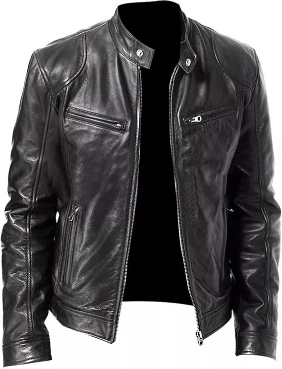 Mens Black Leather Motorcycle Jacket Slim Fit Biker Cafe Racer Style with Zipper Closure | Genuine Leather Riding Jacket