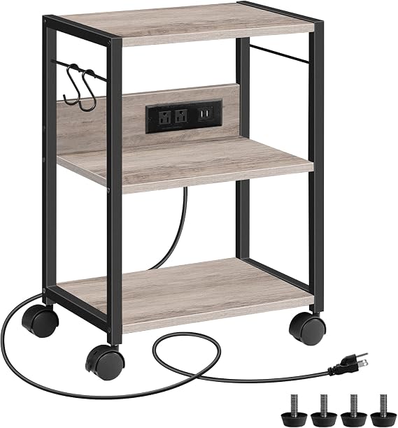 MAHANCRIS Industrial Printer Cart, 3-Tier Mobile Printer Stand, Rolling Cart with Power Outlets and USB Ports, Home Printer Stand with 2 Hooks, for Office, Living Room, Greige PTHG40E01