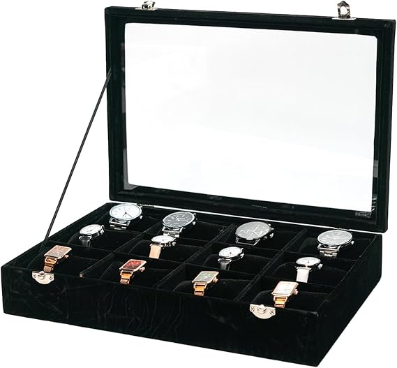 Jewelry Watch Tray, Black Velvet Watch Jewelry Organizer 12 Grid, Stackable Watch Bracelet Bangle Display Holder, with Clear Lid Adjustable Pillows, for Man Woman Show Birthday