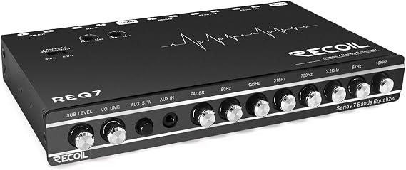 Recoil REQ7-2 7 Band 1/2 DIN Pre-Amp Car Audio Parametric Graphic Equalizer with RCA & Auxiliary Inputs, High Level Inputs, High Voltage RCA Outputs