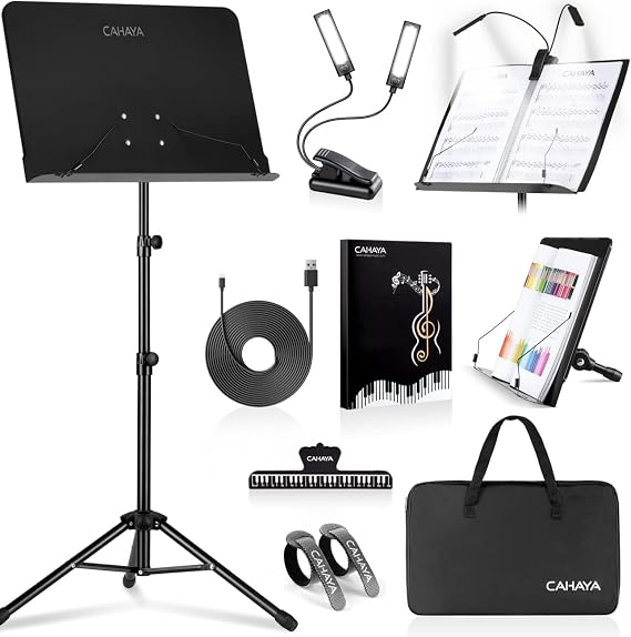 CAHAYA 6 IN 1 Sheet Music Stand with Stand Light Desktop Book Stand with Carrying Bag, Sheet Music Folder & Clip Metal Portable Solid Back for Guitar, Ukulele, Violin Players