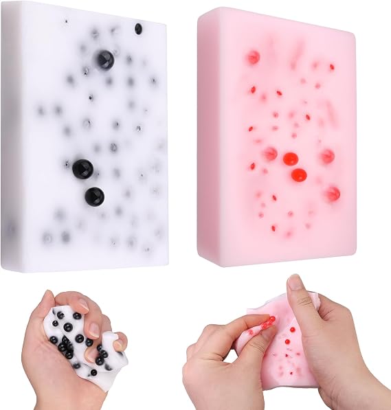 2PCS Square Skin Picking Squishy Fidget Toys, Pimple Popping Sensory Picky Pad for Stress Relief, Anxiety, Skin Picking Fidget Toys for Adults (Pink + Black)