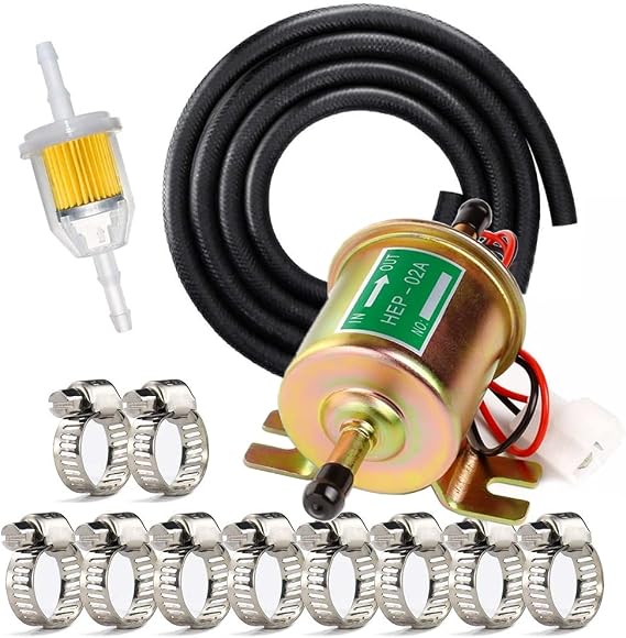 Electric Fuel Pump Kit Universal for Carburetor Lawn Mower Transfer Gas Diesel Include 2 Meter/6.56-Foot 5/16" ID Fuel Line + Fuel Filters + 10pcs Hose Clamp 2.5-4psi HEP02A | 2.5-4 PSI, HEP-02A; includes Fuel Line, Fuel Filters and Hose Clamp; for Lawn Mowers, Generators, Gasoline & Diesel Engines