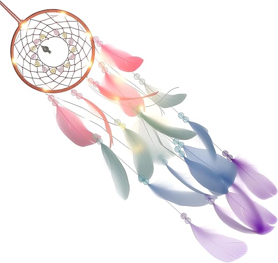 Dream Catcher Night Light, Handmade Dreamcatcher with Feathers, Iron Ring & Leather Cord, LED Wall Hanging Decor for Kids Bedroom, Ideal Gifts for Girls, Boys &Children, Dreamy Room Accessories