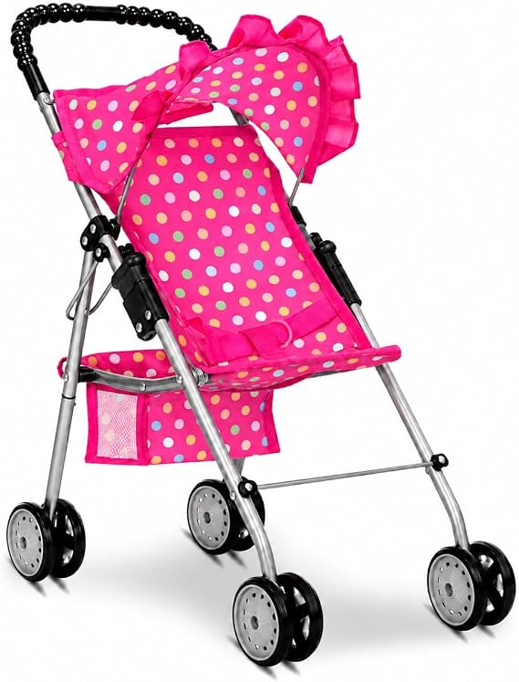 fash n kolor Baby Doll Stroller for Kids Foldable Doll Stroller for 18 Inch Dolls with Adjustable Handle, Canopy, Storage Basket & Safety Belt Pretend Play Toy Stroller