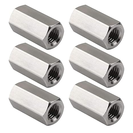 6'lı Paket M8 X 1,25 Adımlı 40 mm Uzunluk Metrik Altıgen Kaplin Somunu 304 Paslanmaz Çelik Çubuk Kaplin Somunları