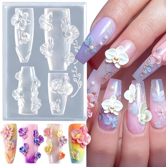 Butterfly Orchid Flower Nail Art Mold, 3D Gel Nail Art Sculpture Flower Silicone Molds Orchid Nail Molds Floral Nails Charms Silicone Mold Fingernail Flowers Design Manicure Carved Mould