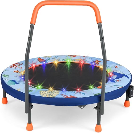 GYMAX 36 Toddler Trampoline with Lights, Folding Springless ASTM Approved Small Kids Rebounder with Foam Handle, Safety Padded Cover & Foldable Legs, Mini Indoor Baby Trampolines