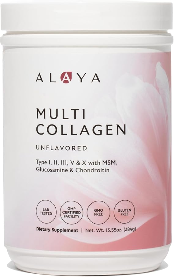 Alaya Multi Collagen Powder - Type I, II, III, V, X Hydrolyzed Collagen Peptides Protein Powder Supplement with MSM + GC (Unflavored) - NSF Certified - (40 Servings)