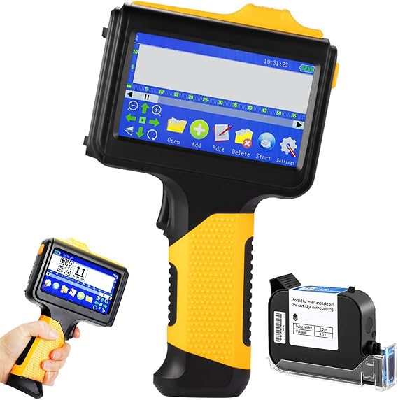 Mini Label Qr Code Printer Machine,Handheld Inkjet Printer Gun,Bluetooth Hand Held Ink Jet Printer Gun with Quick-drying Ink Cartridge, Smart Touch Screen, for Date Barcode Batch Number